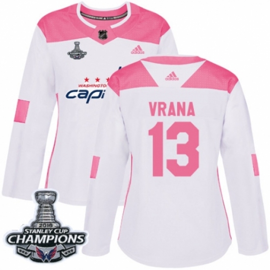 Women's Adidas Washington Capitals 13 Jakub Vrana Authentic White Pink Fashion 2018 Stanley Cup Final Champions NHL Jersey