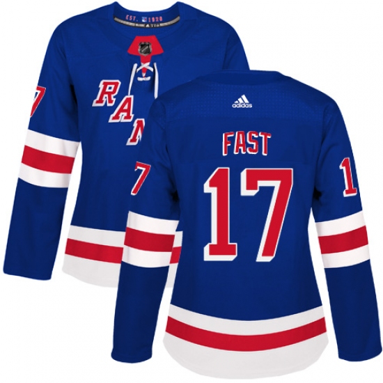 Women's Adidas New York Rangers 17 Jesper Fast Authentic Royal Blue Home NHL Jersey