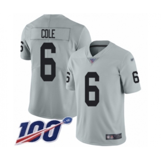 Men's Oakland Raiders 6 A.J. Cole Limited Silver Inverted Legend 100th Season Football Jersey