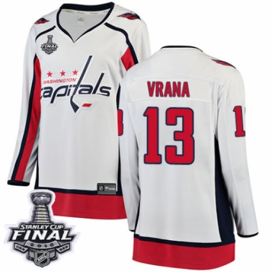 Women's Washington Capitals 13 Jakub Vrana Fanatics Branded White Away Breakaway 2018 Stanley Cup Final NHL Jersey