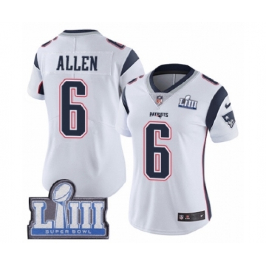 Women's Nike New England Patriots 6 Ryan Allen White Vapor Untouchable Limited Player Super Bowl LIII Bound NFL Jersey
