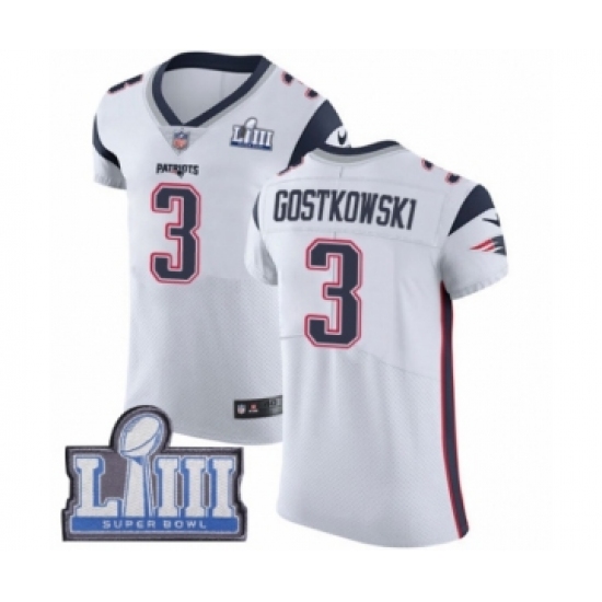 Men's Nike New England Patriots 3 Stephen Gostkowski White Vapor Untouchable Elite Player Super Bowl LIII Bound NFL Jersey