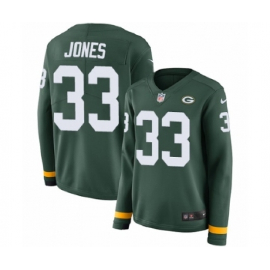 Women's Nike Green Bay Packers 33 Aaron Jones Limited Green Therma Long Sleeve NFL Jersey