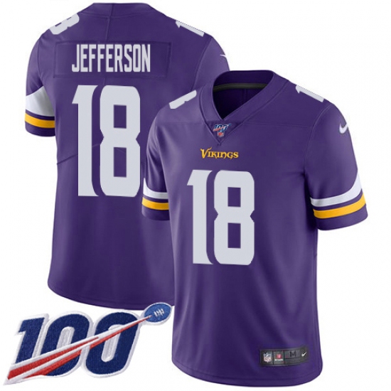 Men's Minnesota Vikings 18 Justin Jefferson Purple Team Color Stitched NFL 100th Season Vapor Untouchable Limited Jersey