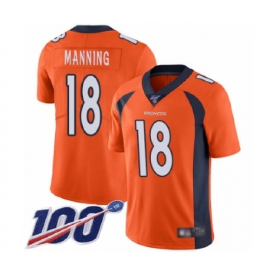 Men's Denver Broncos 18 Peyton Manning Orange Team Color Vapor Untouchable Limited Player 100th Season Football Jersey