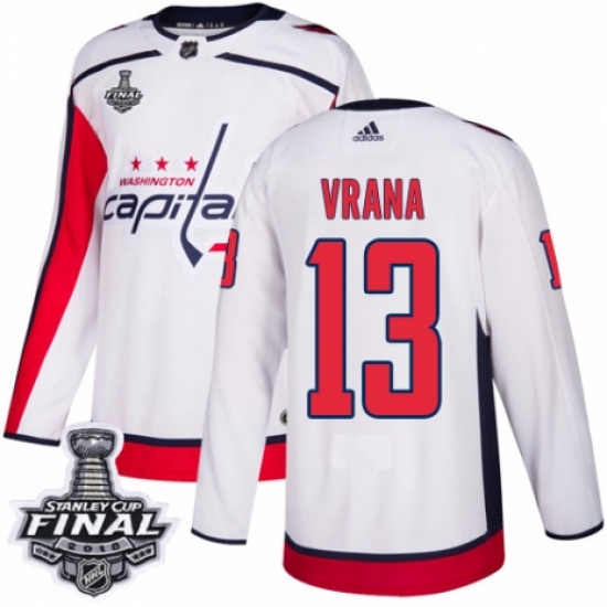 Men's Adidas Washington Capitals 13 Jakub Vrana Authentic White Away 2018 Stanley Cup Final NHL Jersey