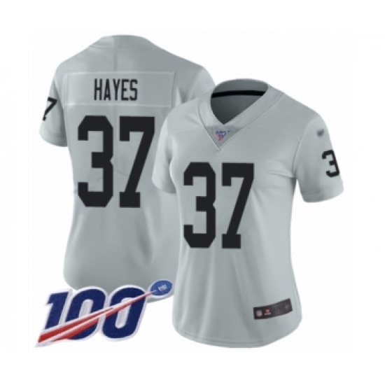 Women's Oakland Raiders 37 Lester Hayes Limited Silver Inverted Legend 100th Season Football Jersey
