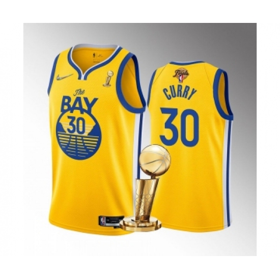 Men's Golden State Warriors 30 Stephen Curry Gold 2022 NBA Finals Champions Stitched Jersey