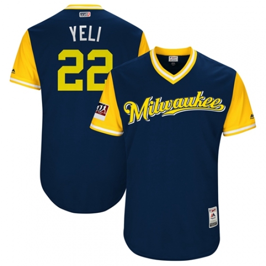Men's Milwaukee Brewers 22 Christian Yelich Navy Yeli Players Weekend Authentic Stitched MLB Jersey