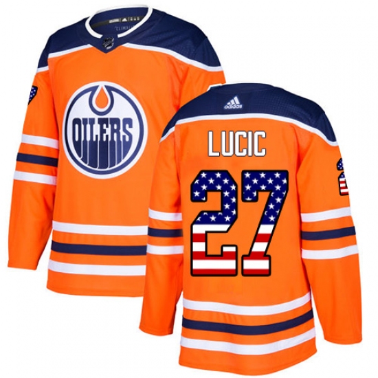 Men's Adidas Edmonton Oilers 27 Milan Lucic Authentic Orange USA Flag Fashion NHL Jersey