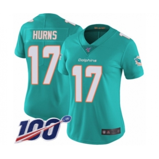 Women's Miami Dolphins 17 Allen Hurns Aqua Green Team Color Vapor Untouchable Limited Player 100th Season Football Jersey
