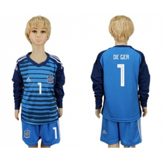 Spain 1 De Gea Blue Long Sleeves Goalkeeper Kid Soccer Country Jersey