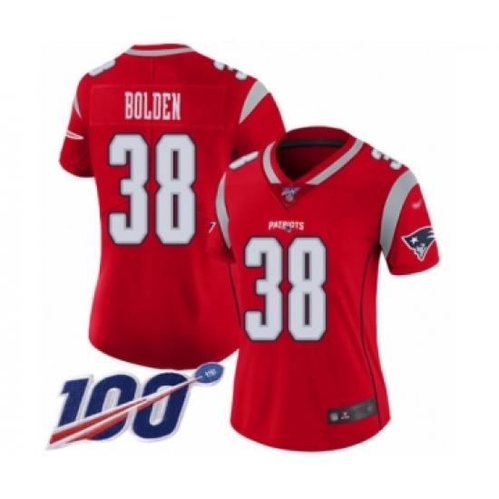 Women's New England Patriots 38 Brandon Bolden Limited Red Inverted Legend 100th Season Football Jersey