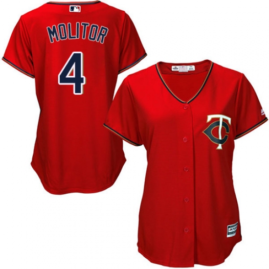 Women's Majestic Minnesota Twins 4 Paul Molitor Authentic Scarlet Alternate Cool Base MLB Jersey