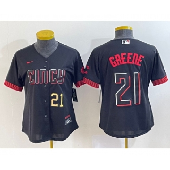 Women's Cincinnati Reds 21 Hunter Greene Number Black 2023 City Connect Cool Base Stitched Jersey