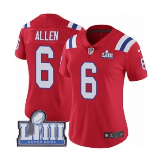 Women's Nike New England Patriots 6 Ryan Allen Red Alternate Vapor Untouchable Limited Player Super Bowl LIII Bound NFL Jersey