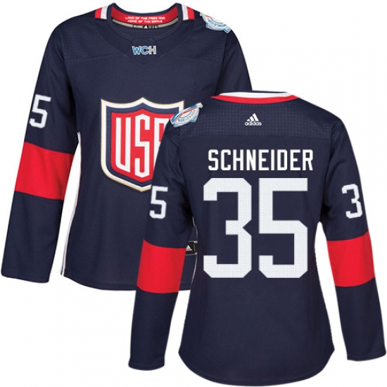 Women's Adidas Team USA 35 Cory Schneider Premier Navy Blue Away 2016 World Cup Hockey Jersey