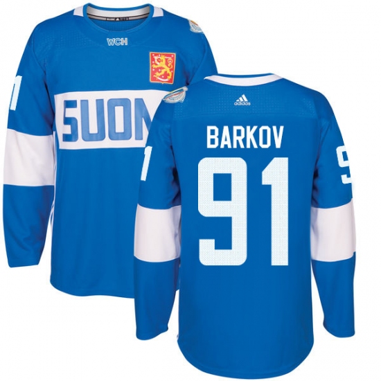 Men's Adidas Team Finland 91 Aleksander Barkov Authentic Blue Away 2016 World Cup of Hockey Jersey