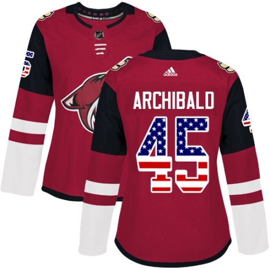 Women's Adidas Arizona Coyotes 45 Josh Archibald Authentic Red USA Flag Fashion NHL Jersey
