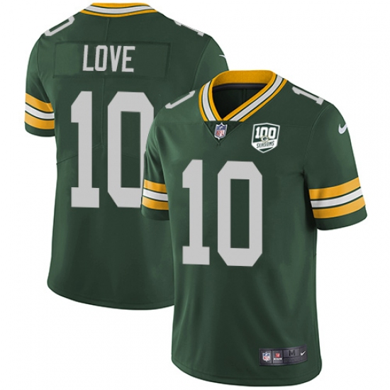 Men's Green Bay Packers 10 Jordan Love Green Team Color 100th Season Stitched NFL Vapor Untouchable Limited Jersey