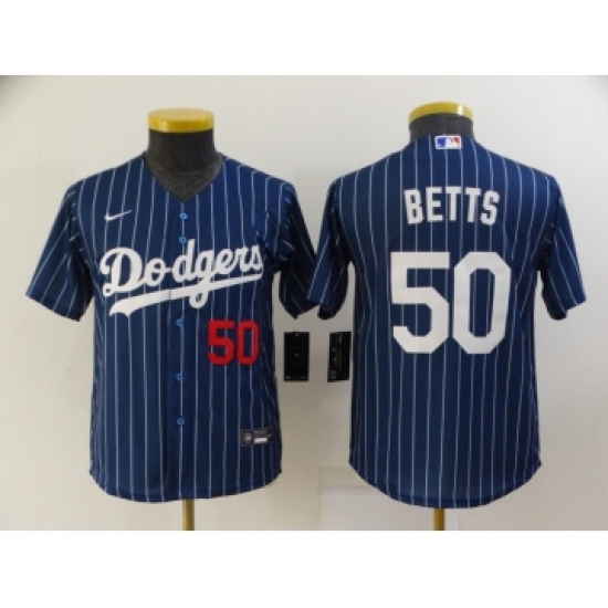 Youth Los Angeles Dodgers 50 Mookie Betts Navy Blue Pinstripe Stitched MLB Cool Base Nike Jersey