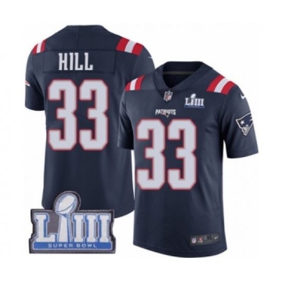 Men's Nike New England Patriots 33 Jeremy Hill Limited Navy Blue Rush Vapor Untouchable Super Bowl LIII Bound NFL Jersey