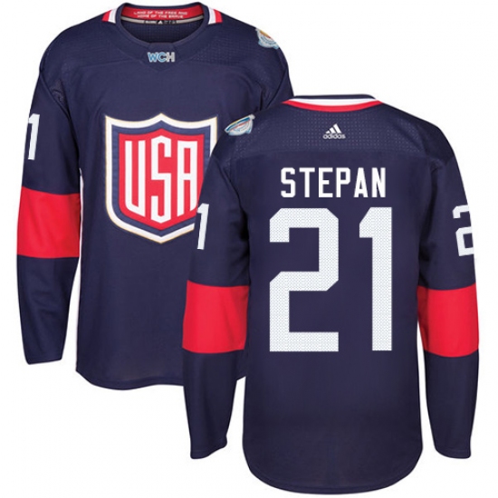 Men's Adidas Team USA 21 Derek Stepan Premier Navy Blue Away 2016 World Cup Ice Hockey Jersey