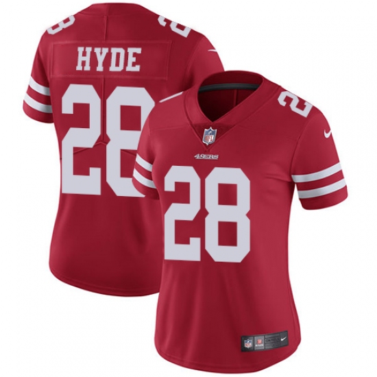Women's Nike San Francisco 49ers 28 Carlos Hyde Red Team Color Vapor Untouchable Limited Player NFL Jersey