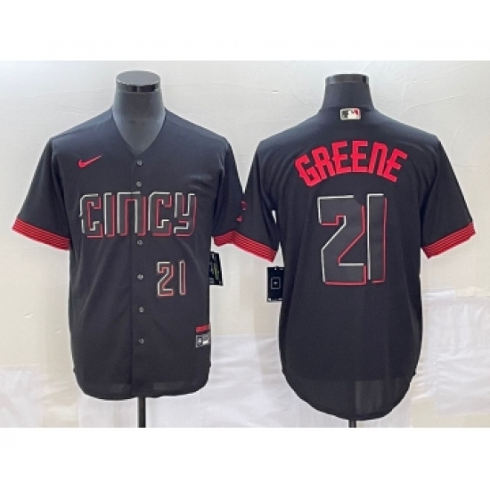 Men's Cincinnati Reds 21 Hunter Greene Number Black 2023 City Connect Cool Base Stitched Jersey2