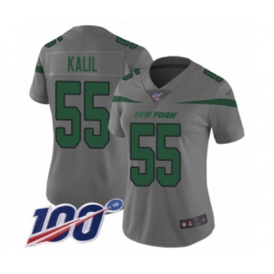 Women's New York Jets 55 Ryan Kalil Limited Gray Inverted Legend 100th Season Football Jersey