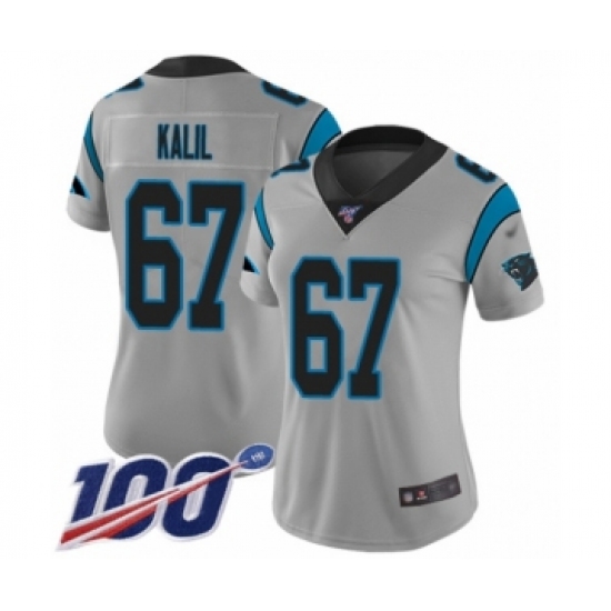 Women's Carolina Panthers 67 Ryan Kalil Silver Inverted Legend Limited 100th Season Football Jersey