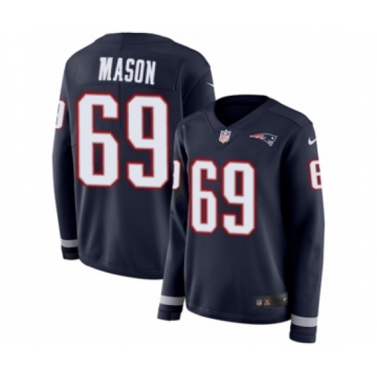 Women's Nike New England Patriots 69 Shaq Mason Limited Navy Blue Therma Long Sleeve NFL Jersey