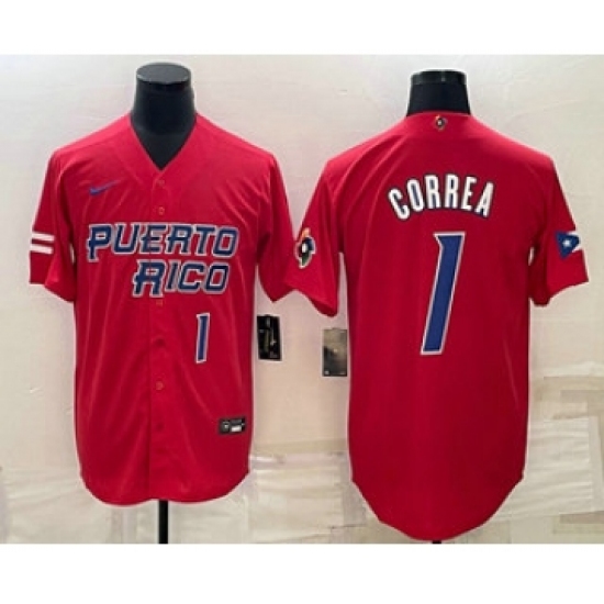 Mens Puerto Rico Baseball 1 Carlos Correa Number 2023 Red World Baseball Classic Stitched Jersey