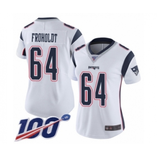Women's New England Patriots 64 Hjalte Froholdt White Vapor Untouchable Limited Player 100th Season Football Jersey