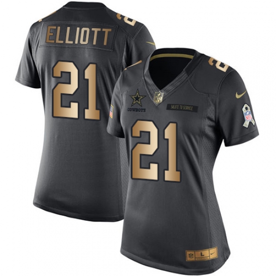 Women's Nike Dallas Cowboys 21 Ezekiel Elliott Limited Black/Gold Salute to Service NFL Jersey