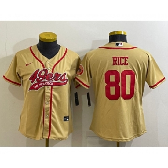 Women's San Francisco 49ers 80 Jerry Rice Gold With Patch Cool Base Stitched Baseball Jersey