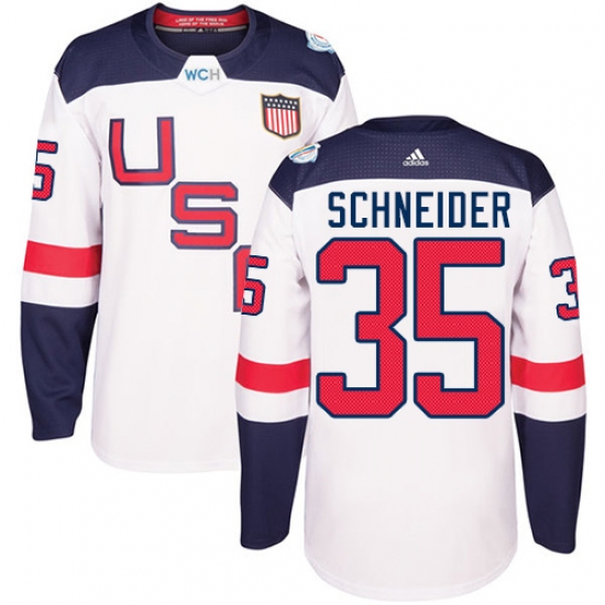 Youth Adidas Team USA 35 Cory Schneider Premier White Home 2016 World Cup Ice Hockey Jersey