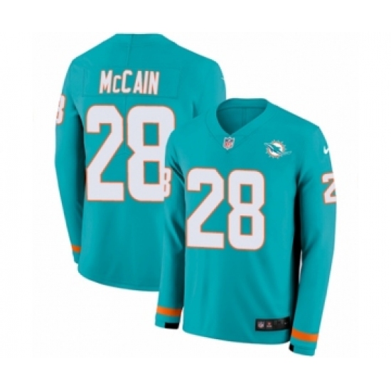 Youth Nike Miami Dolphins 28 Bobby McCain Limited Aqua Therma Long Sleeve NFL Jersey