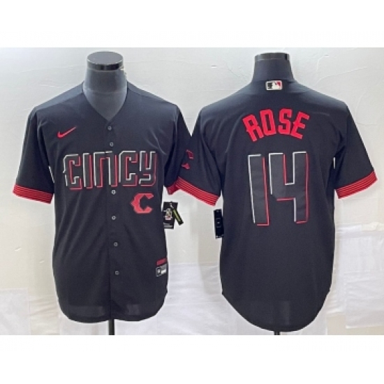 Men's Cincinnati Reds 14 Pete Rose Black 2023 City Connect Cool Base Stitched Jersey 1