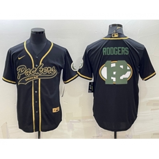 Men's Green Bay Packers 12 Aaron Rodgers Black Team Big Logo With Patch Cool Base Stitched Baseball Jersey