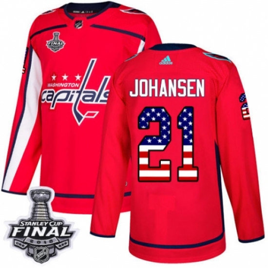 Men's Adidas Washington Capitals 21 Lucas Johansen Authentic Red USA Flag Fashion 2018 Stanley Cup Final NHL Jersey