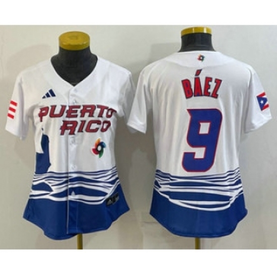 Women's Puerto Rico Baseball 9 Javier Baez White 2023 World Baseball Classic Stitched Jerseys