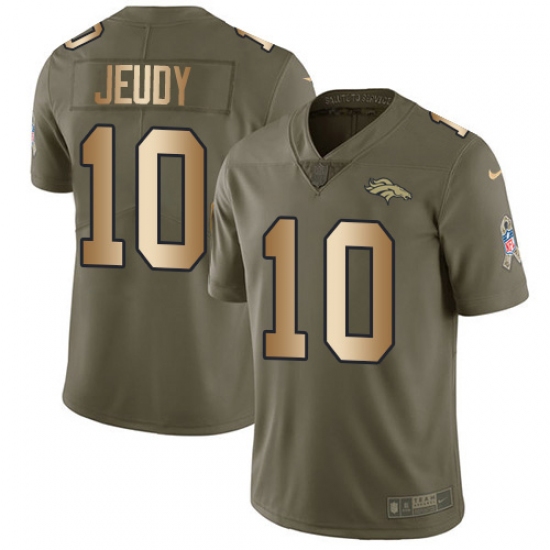 Men's Denver Broncos 10 Jerry Jeudy Olive Gold Stitched Limited 2017 Salute To Service Jersey
