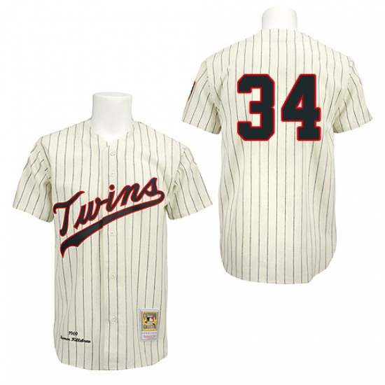 Men's Mitchell and Ness 1969 Minnesota Twins 34 Kirby Puckett Authentic Cream Throwback MLB Jersey