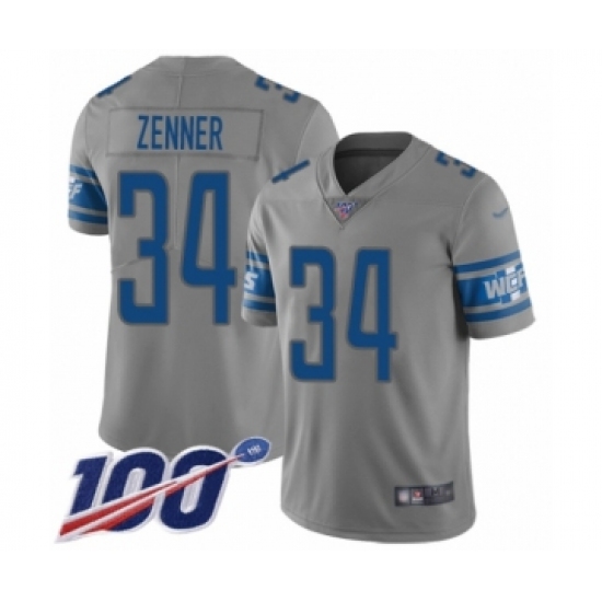 Men's Detroit Lions 34 Zach Zenner Limited Gray Inverted Legend 100th Season Football Jersey