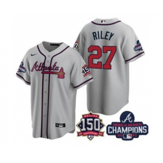 Men's Atlanta Braves 27 Austin Riley 2021 Grey World Series Champions With 150th Anniversary Patch Cool Base Stitched Jersey