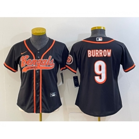 Women's Cincinnati Bengals 9 Joe Burrow Black With Patch Cool Base Stitched Baseball Jersey