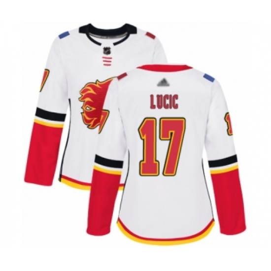 Women's Calgary Flames 17 Milan Lucic Authentic White Away Hockey Jersey