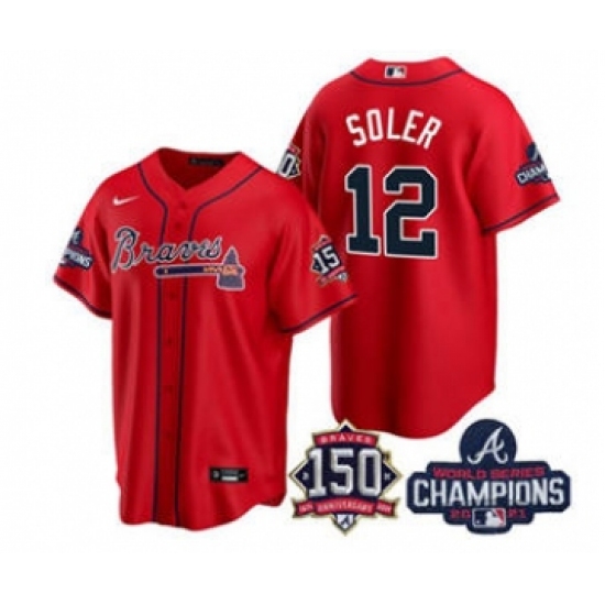 Men's Atlanta Braves 12 Jorge Soler 2021 Red World Series Champions With 150th Anniversary Patch Cool Base Stitched Jersey