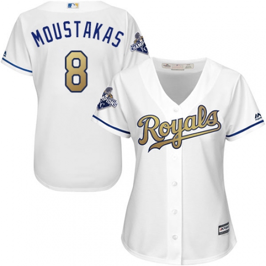 Women's Majestic Kansas City Royals 8 Mike Moustakas Authentic White 2015 World Series Champions Gold Program Cool Base MLB Jersey